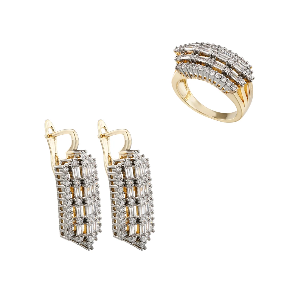 Französischer leichter Luxus-Schmuck mit eingelegten Baguette-Ohrringen und Ringen im zweifarbigen Set, vielseitiger Schmuck für den Arbeitsweg und Bankette. – Detail 8