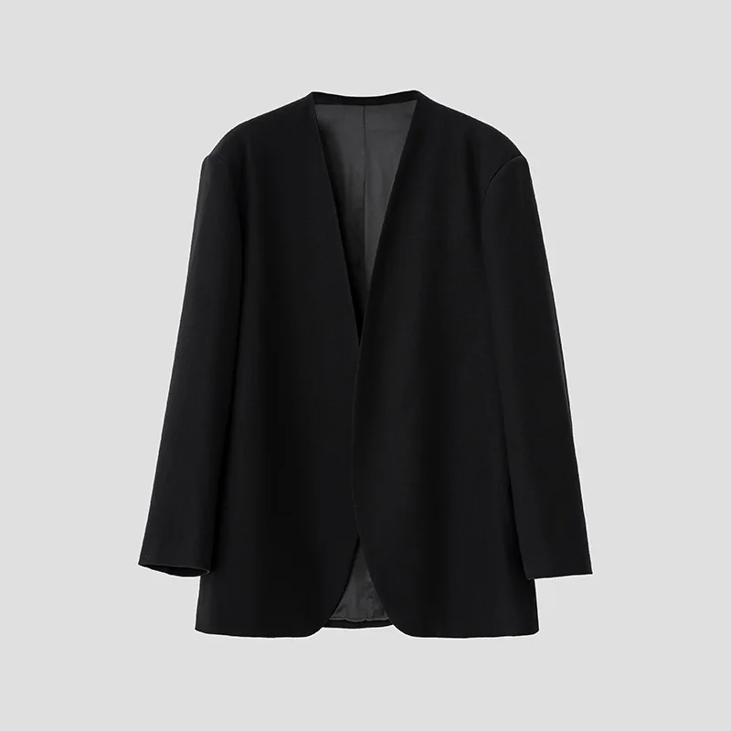 Haute couture chic thin padded shoulder design top autumn casual worsted wool black collarless blazer