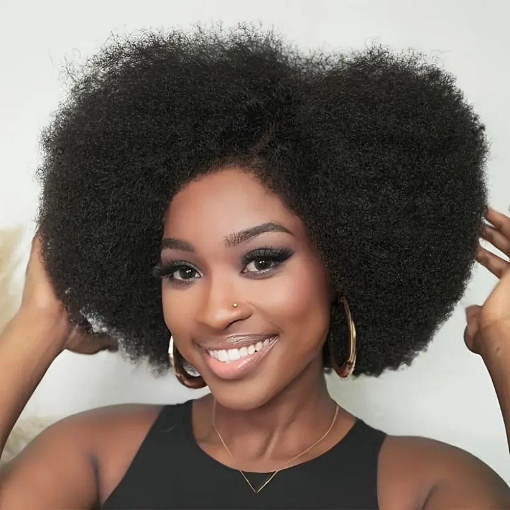 Afro Kinky Curly 13x4 Lace Front Wig Natural Color Afro Bob Human Hair Natural Hairline 200% Density 8 Inch Short Human Hair Wig