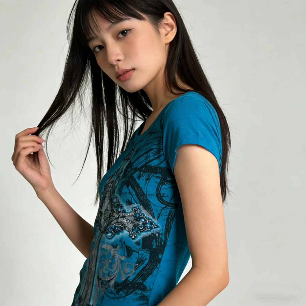 Estetica Harajuku Stampa grafica Manica corta Top Moda Retro T-shirt Vintage Grunge Streetwear Estate Tempo libero Blu Tee 2000s