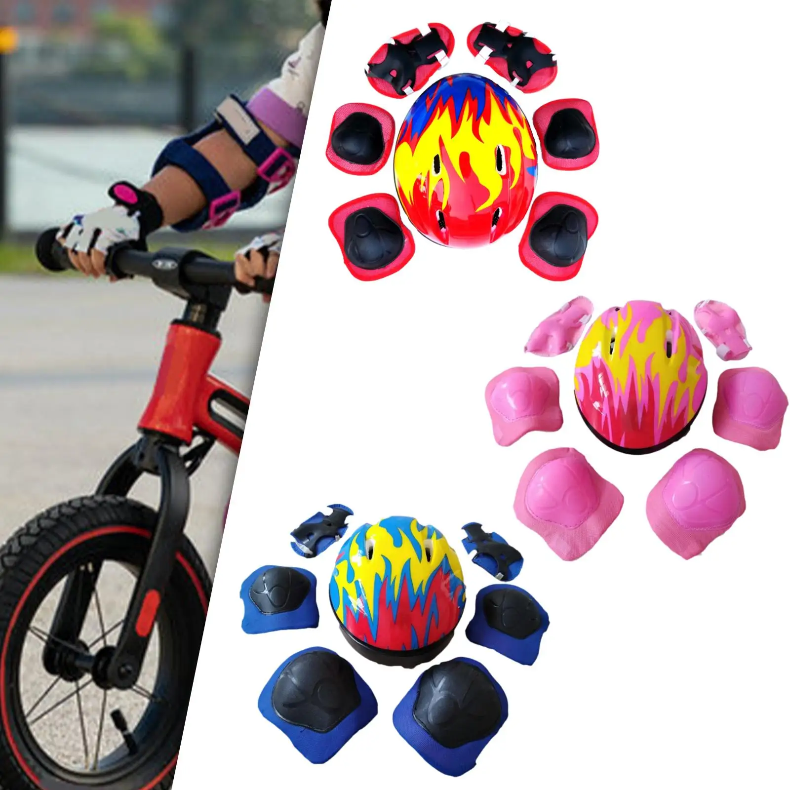 7x/Set Kids Bicycle Helmet Adjustable Hat Knee Elbow Wrist Pad Cycling Helmet for Cycling Roller Skating Sports Outdoor Boys