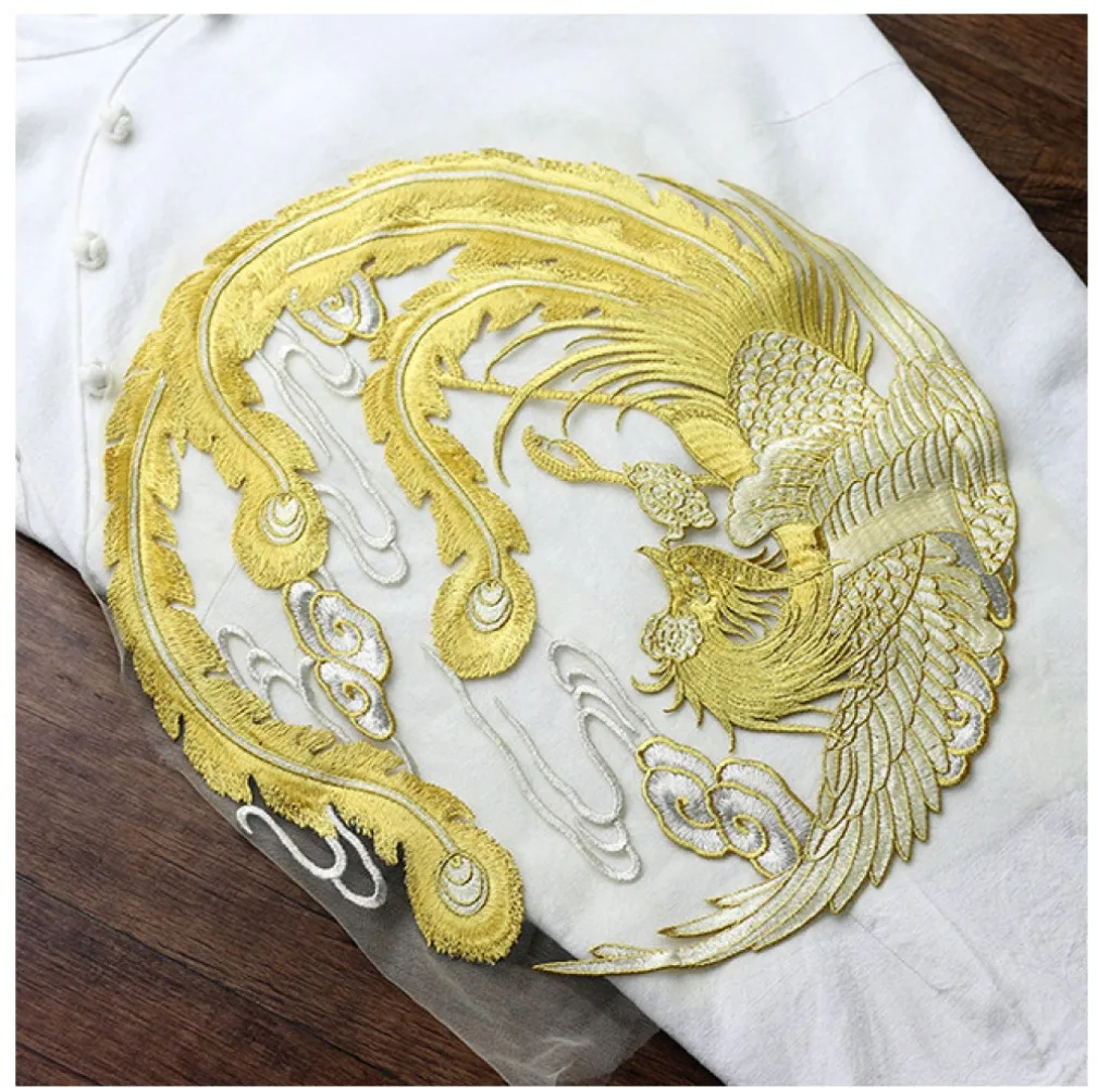 Golden Thread Chinese Phoenix Round Embroidery Cloth Sew On Patch Ethnic Costume Appliqué Delicate Heavy Industry Lace Handmade