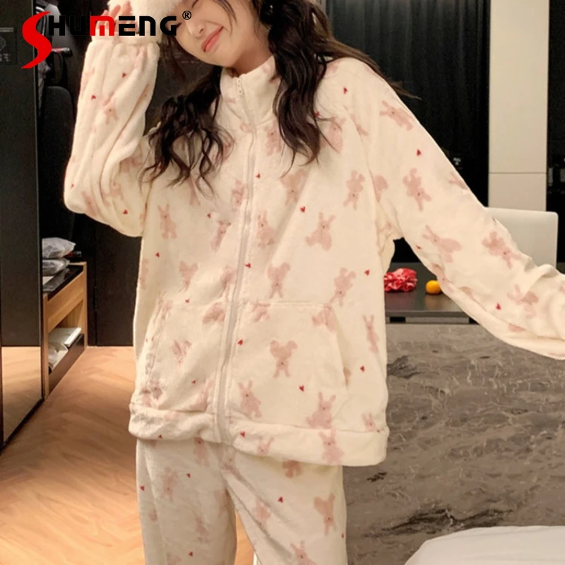 

Pink Fleece Sweet Homewear for Women Winter Thickened Fleece Zipper Pajamas Set Female Japanese Style High Neck Warm Underwear