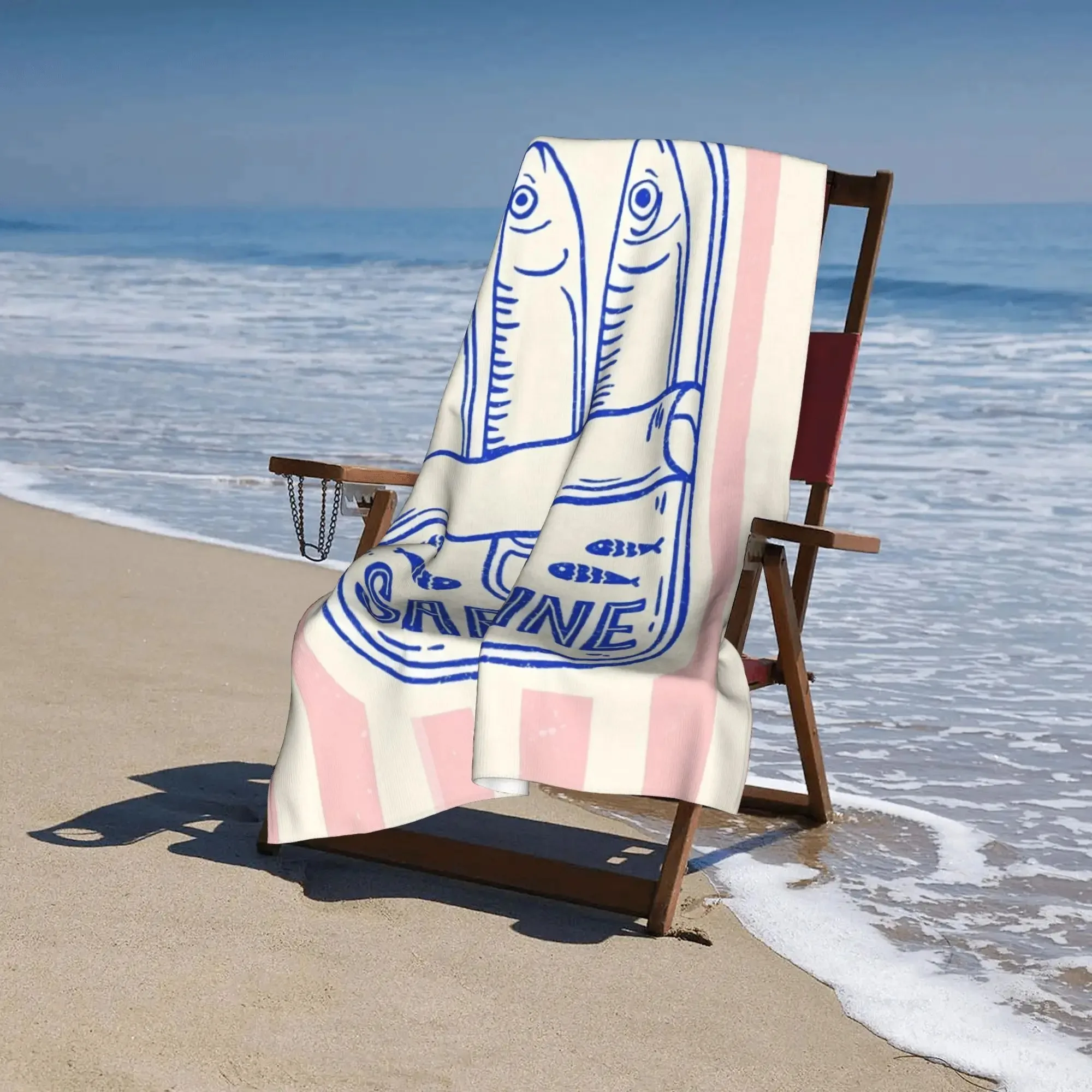 Vintage Sardine Can Beach Towel Large Striped Fish Bath Towel Quick Dry Sand Free Swimming Pool Travel Blanket Summer Vacation