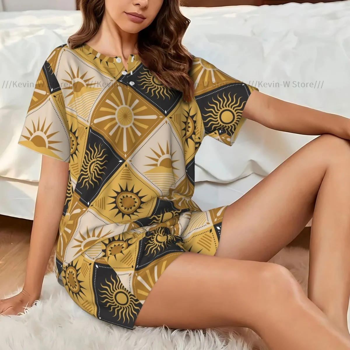

Women Pajamas Set Sun Plaid Homewear Two-Piece Short-Sleeved Short