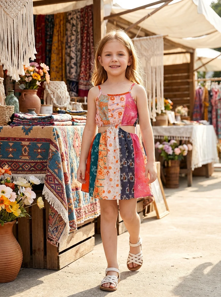 Girls Summer Floral Sleeveless Dress 3-7 Years - Lace-Up Back & Side Cutouts, Beach Vacation Outfit Baby Girl Clothes