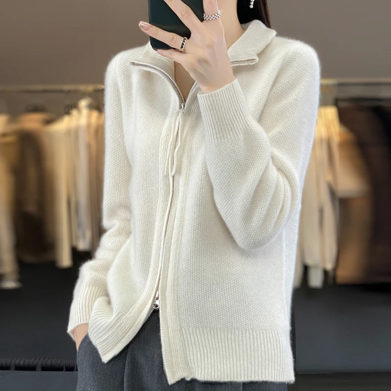 European Fat MM Stand Collar 100% Wool Zipper Knit Cardigan Women Loose Large Size Sweater Autumn and Winter Thick Hot Sale Top