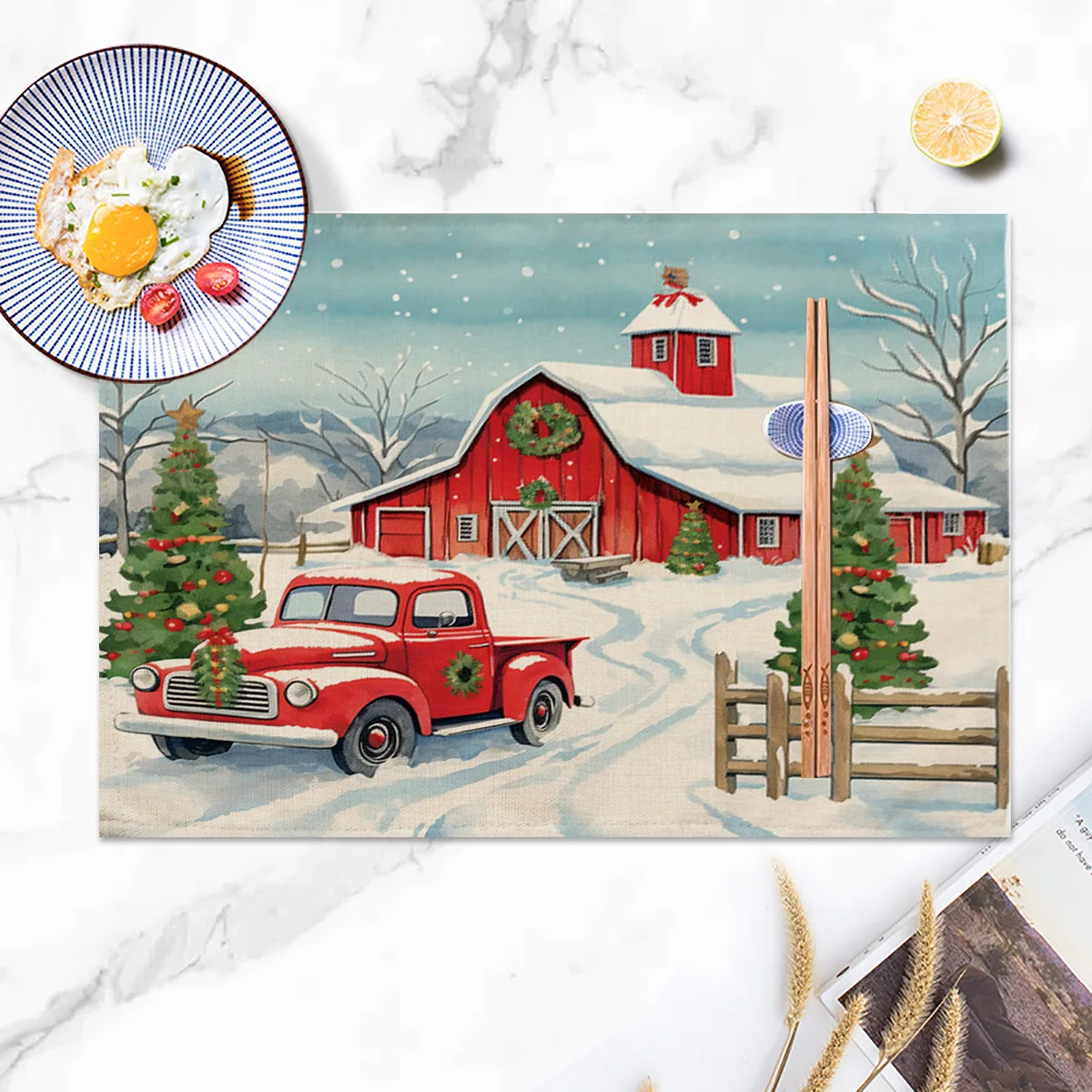 

Christmas PU Placemats Western Dinner Mats Household Holiday Desktop Decoration Heat Insulation Waterproof Non-slip Mat