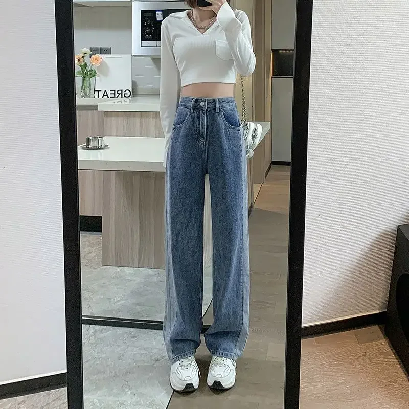 Trousers Blue High Waist Shot Female Denim Pants with Pockets Straight Leg Women's Jeans Spring Cheap Chic and Elegant Cool R A