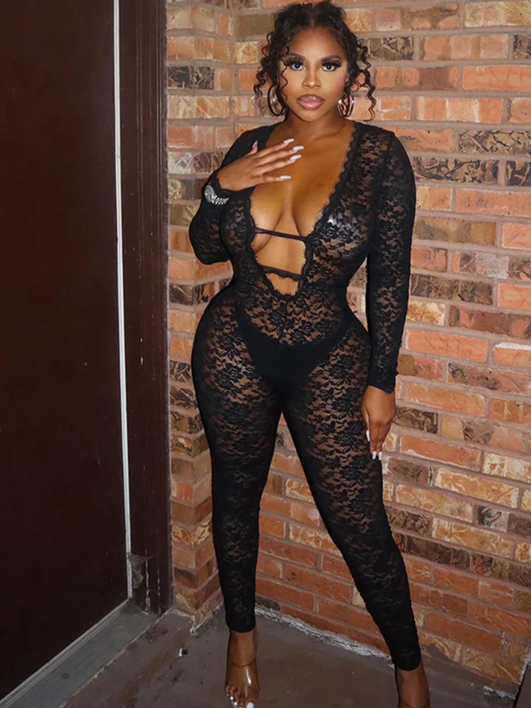 

Sexy Jacquard Jumpsuit Women Sexy Mesh Patchwork Low-Neck Hollow Full Sleeve Skinny Midnight Party Clubwear Overalls