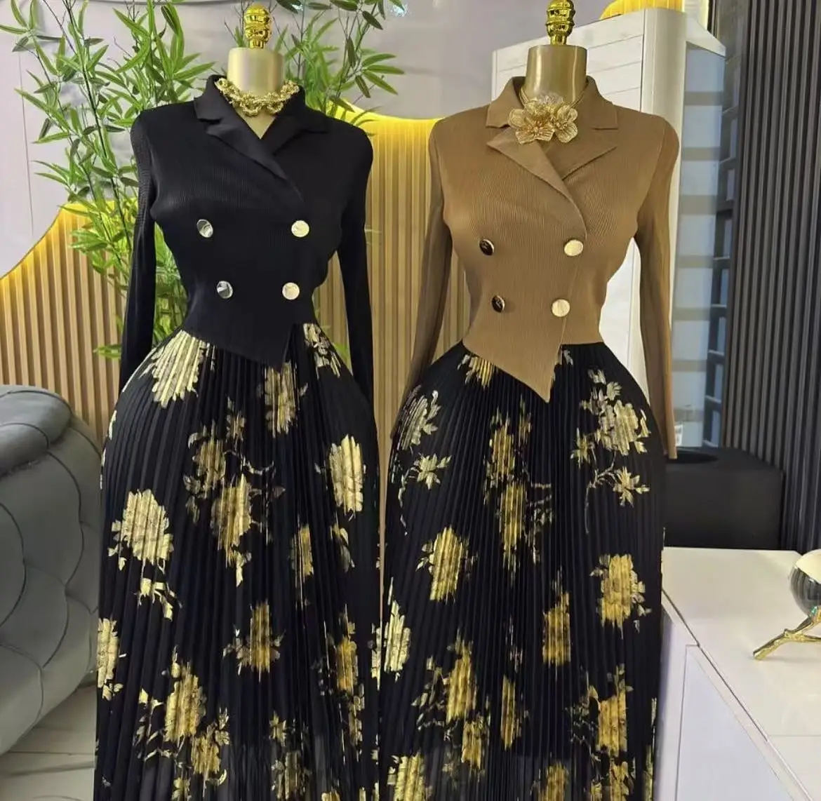 Miyake Commuterอารมณ์ชุดฤดูใบไม้ผลิ 2025 เสื้อผ้าผู้หญิงใหม่แขนยาวจีบกระโปรงชุดคอElegantกระโปรงอเนกประสงค์