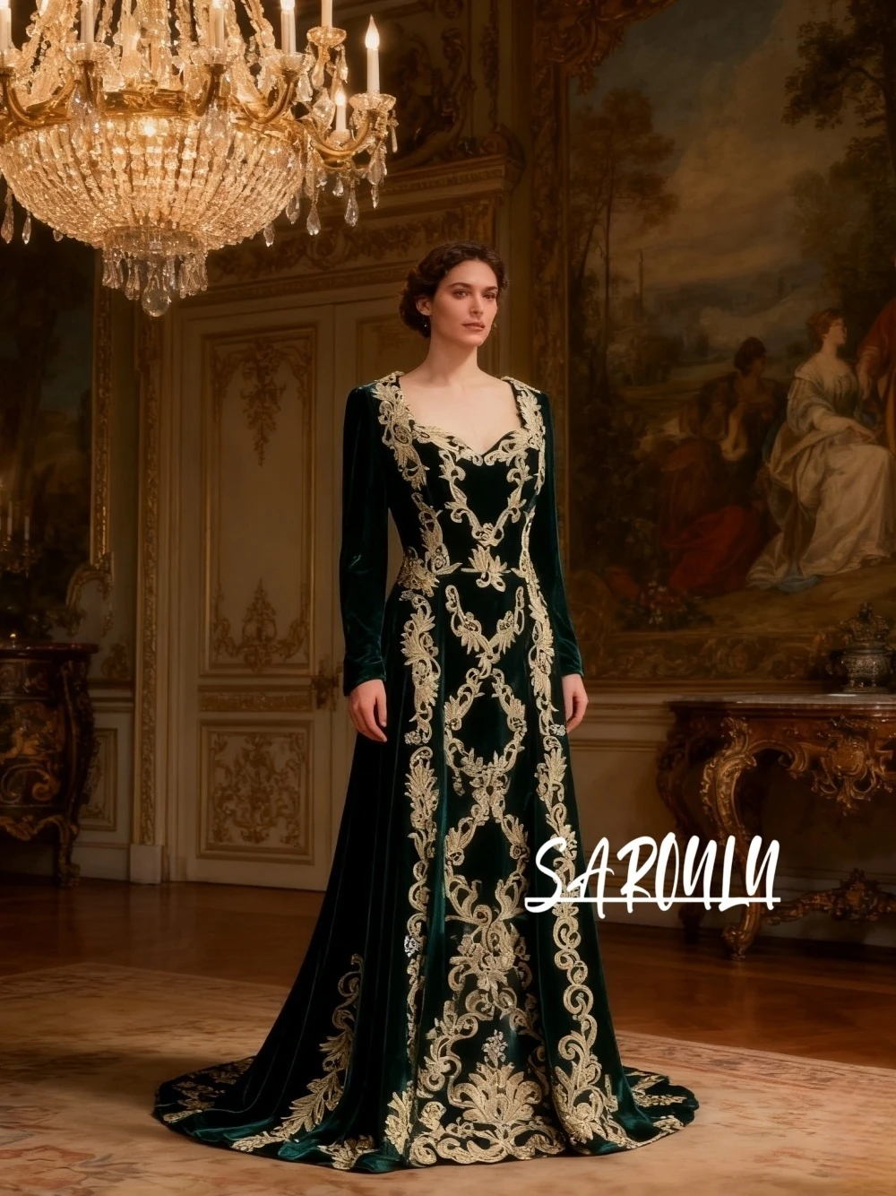 

Green Velvet Golden Lace Elegant Evening Dress Abaya Long Sleeved Caftan Muslim Beautiful Noble A Line Customized Prom Gown