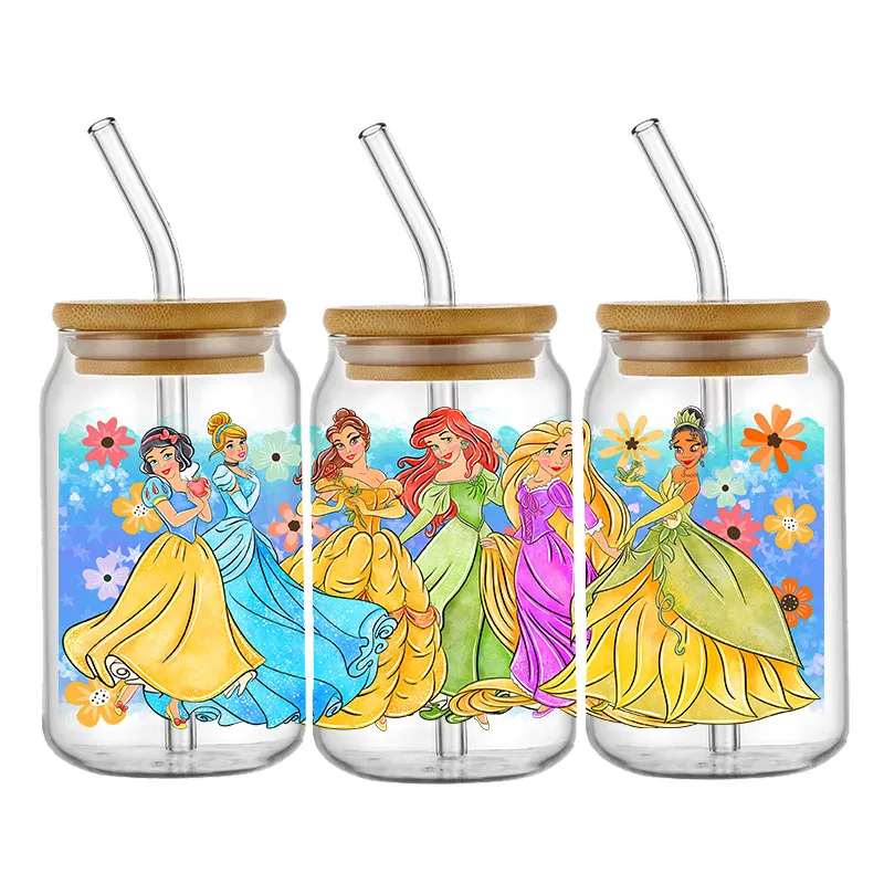 Disney Princess 3D Waterproof UV DTF Cup Wrap For 16oz Libbey Cartoon Princess Glass Can DIY Transfer Sticker