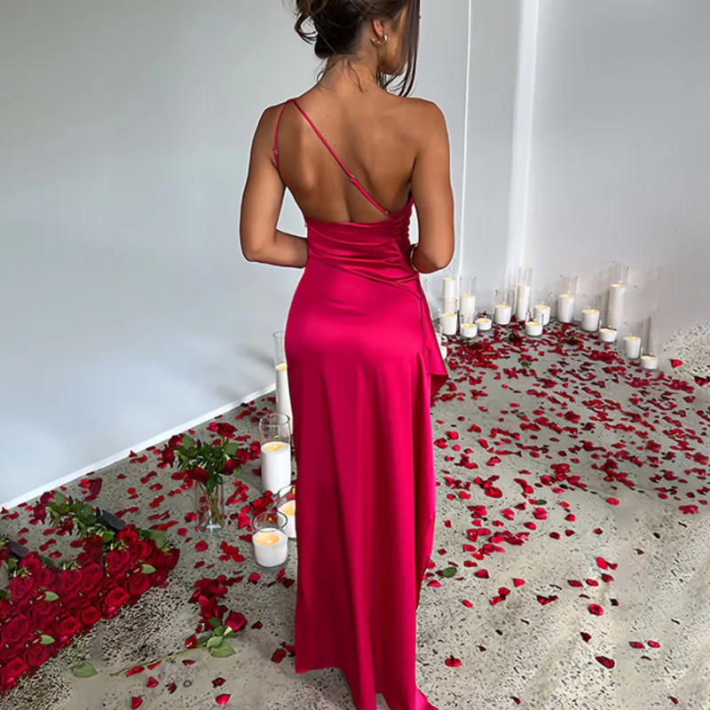 Sexy Eine Schulter Satin Langes Kleid Frauen Ärmelloses Backless High Split Party Abendkleider Elegante Nachtclub Cocktail Vestido