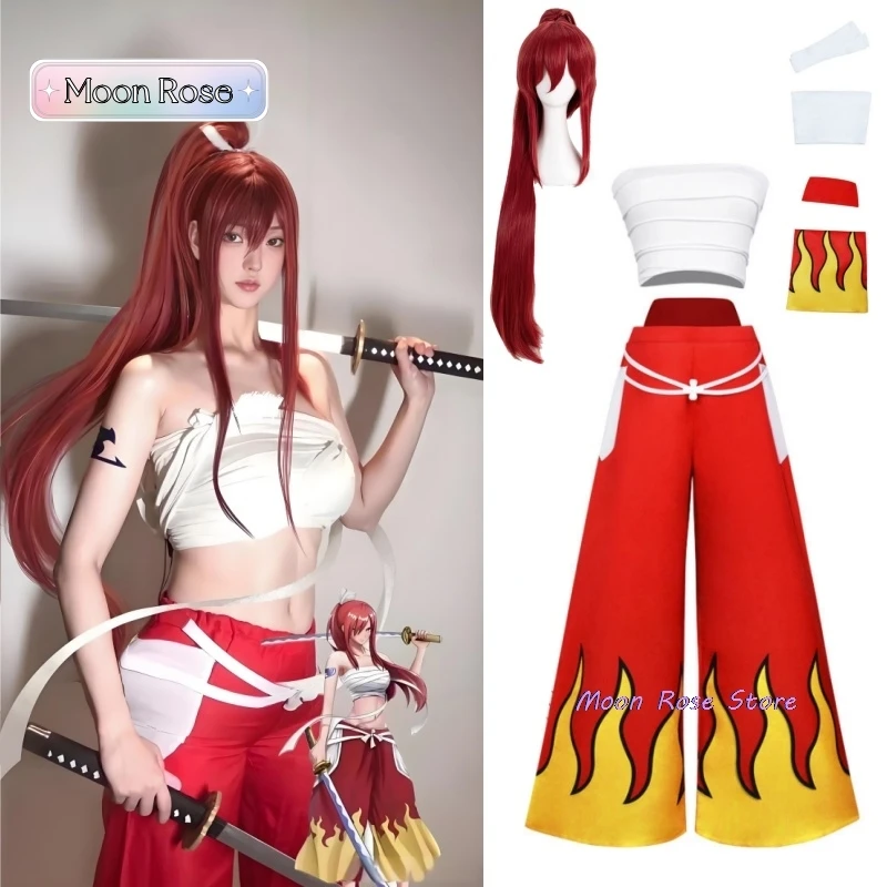 

Anime Cosplay Women Japanese Erza Scarlet Cosplay Costume Pants White Tube Tops Red Cool Set Dark Blue Tail Tattoo Sticker