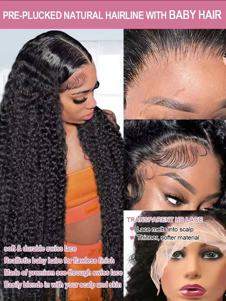220 Density Curly 13x6 HD Transparent Deep Wave Lace Front Wig Human Hair For Black Women 40 44 Inch Pre Plucked Brazilian Hair image 2