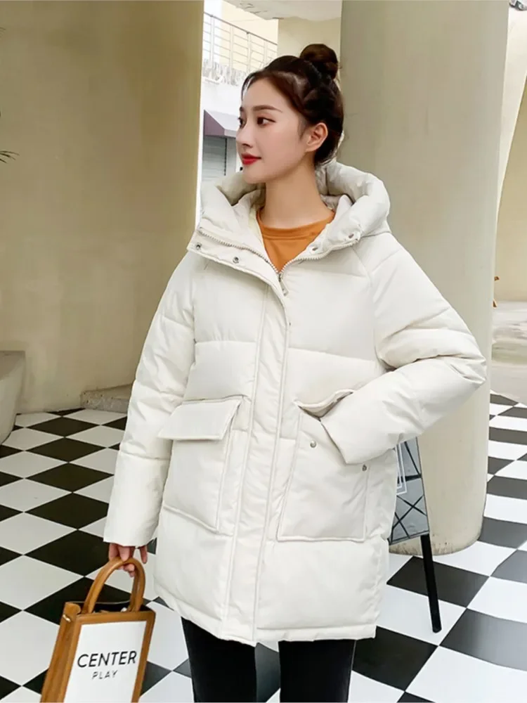 

2022 Autumn Winter Thicken Warm Medium Long Chic Parka Women Casual Sweety Solid Big Pocket Loose Hooded Coats Jackets Outwear