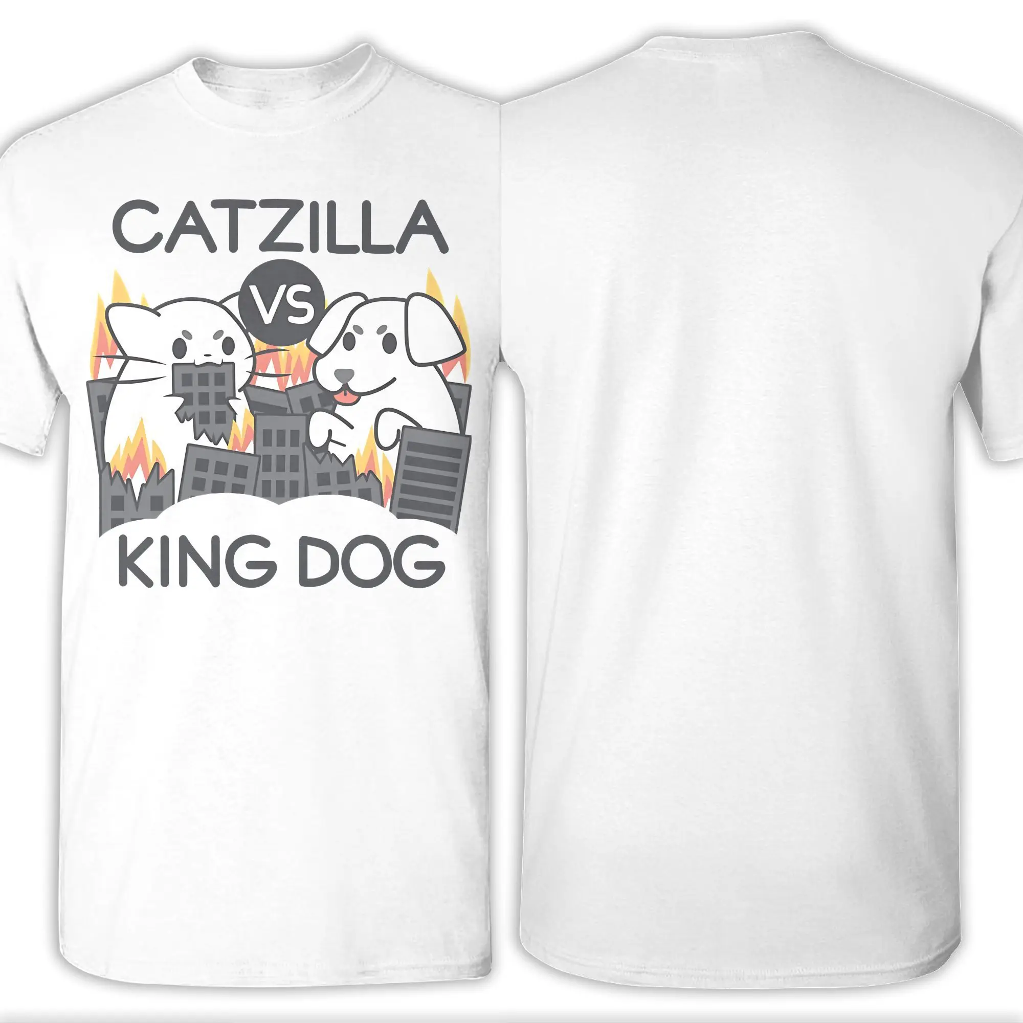 Catzilla vs King Dog لطيف القط تي شيرت الرجال خمر القطن تي شيرت Crewneck قصيرة الأكمام تي شيرت ملابس الكبار