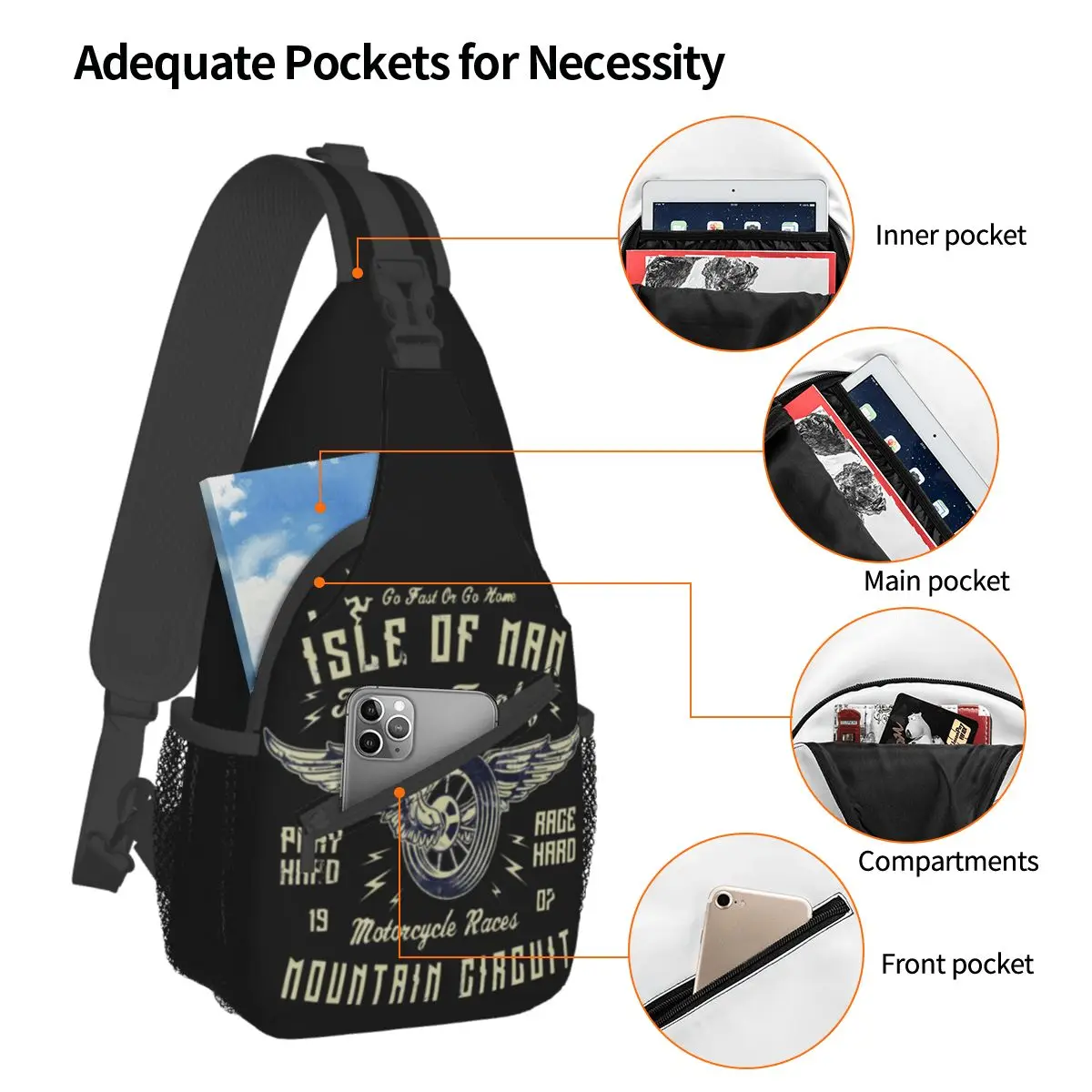 Isle Of Man Racing Vintage Crossbody Sling Bag Small Chest Bag American Style Shoulder Backpack Daypack for Hiking Travel Sports