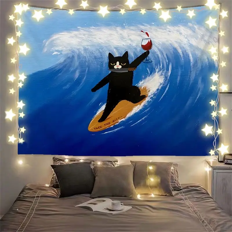 VIKAMA Funny Surfing Black Cat Tapestry Ocean Wave Cartoon Print Wall Hanging Aesthetic Bedroom Living Room Decor