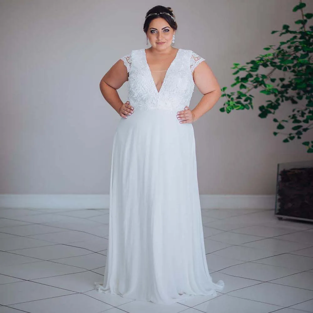 

Classic Plus Size Wedding Dresses For Bride V-neck A-Line Bridal Gowns Short-sleeved Applique Brides dress Customized