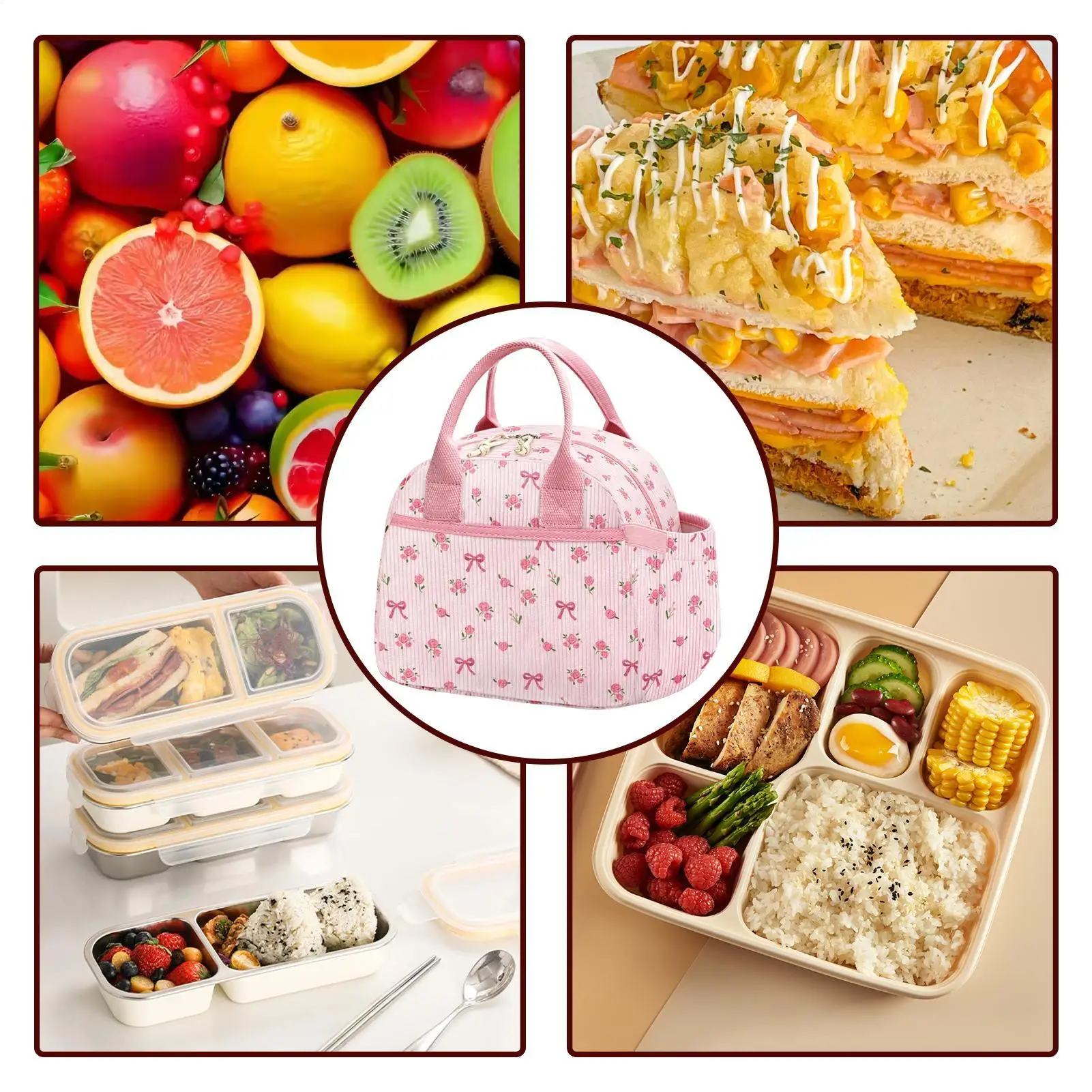 Pink Lunch Box Corduroy Large Capacity Leakproof Reusable Portable Waterproof Insulated Bag For Women Girls Office School view 4