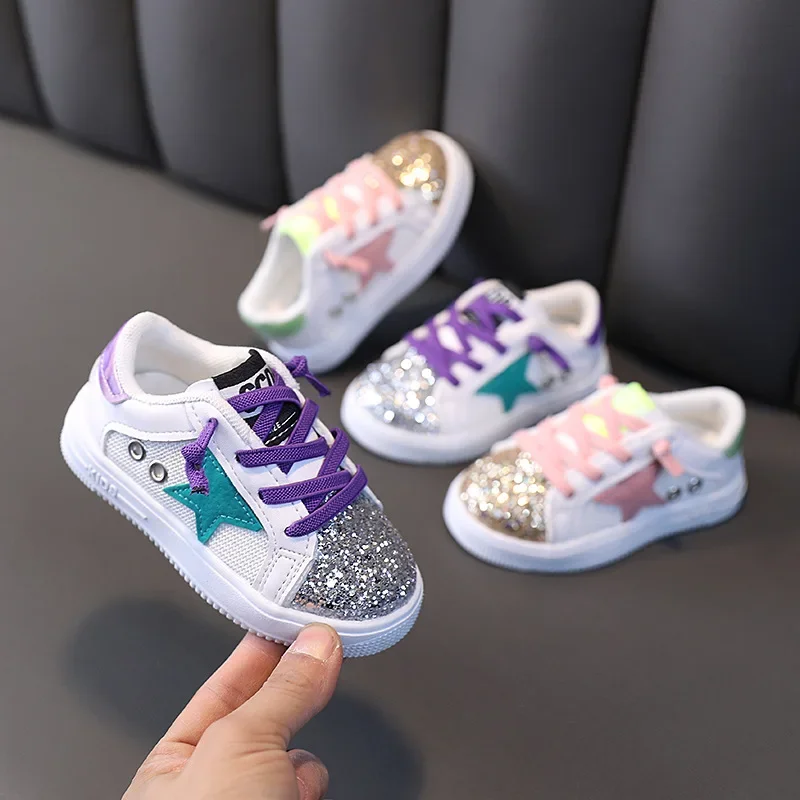 Sepatu sneaker anak perempuan, sepatu olahraga anak-anak, sepatu sneaker payet, sol lembut, sneaker Bling mode baru, sepatu anak muda, 2024