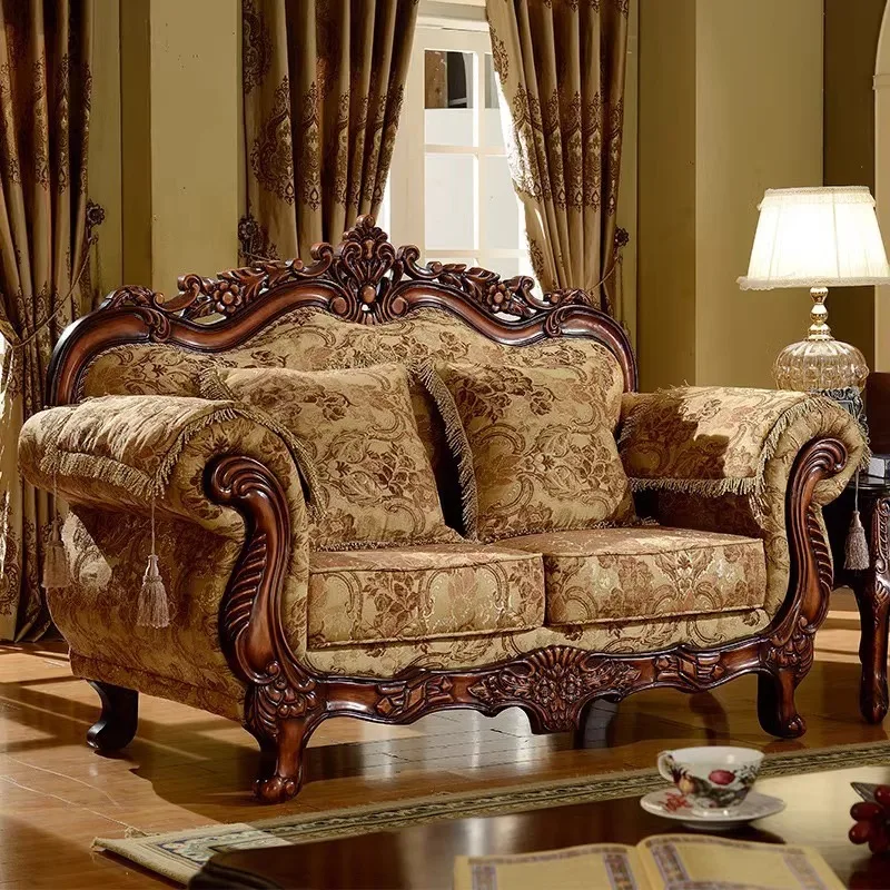 European fabric sofa 123 combination solid wood carving flower living room set American small apartment removable and washabl