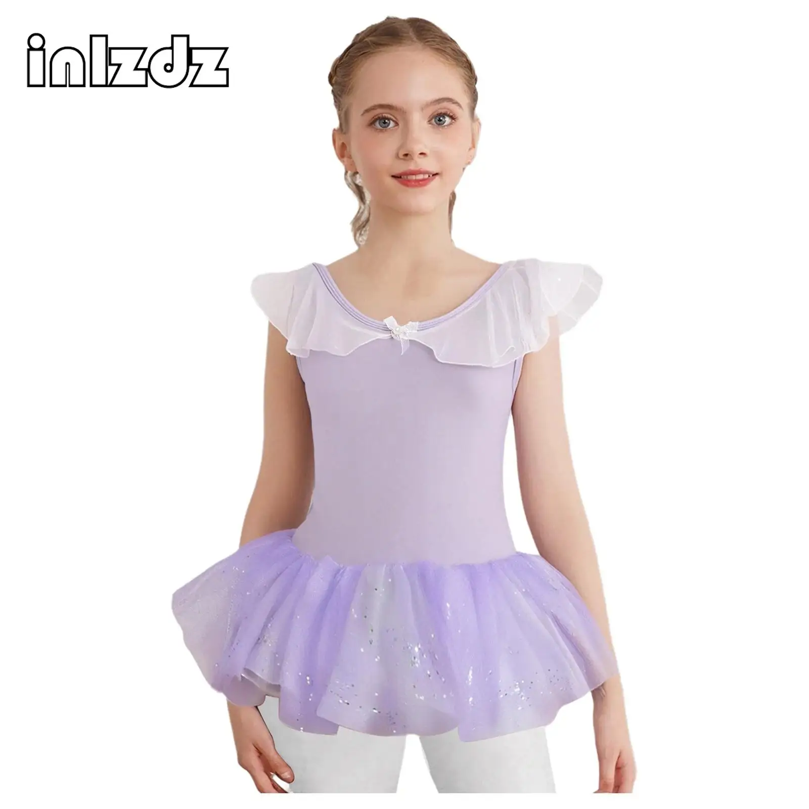 

Kids Girls Ballet Gymnastics Dance Performance Costume Ruffled Collar Sleeveless Leotard with Shiny Sequins Tulle Tutu Skirt
