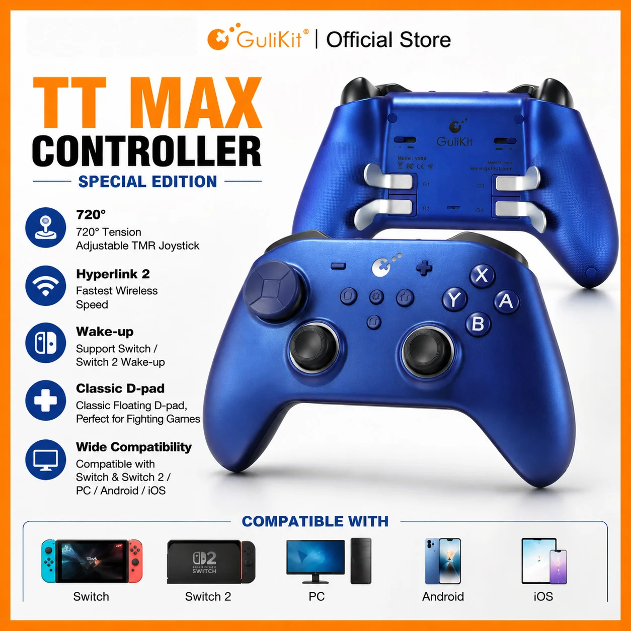 GuliKit TT MAX Wireless Game Controller for Switch 1/2 PC Android iOS with Tension Adjustable TMR Joysticks Anti Drift Gamepad — product photo 1 of 1