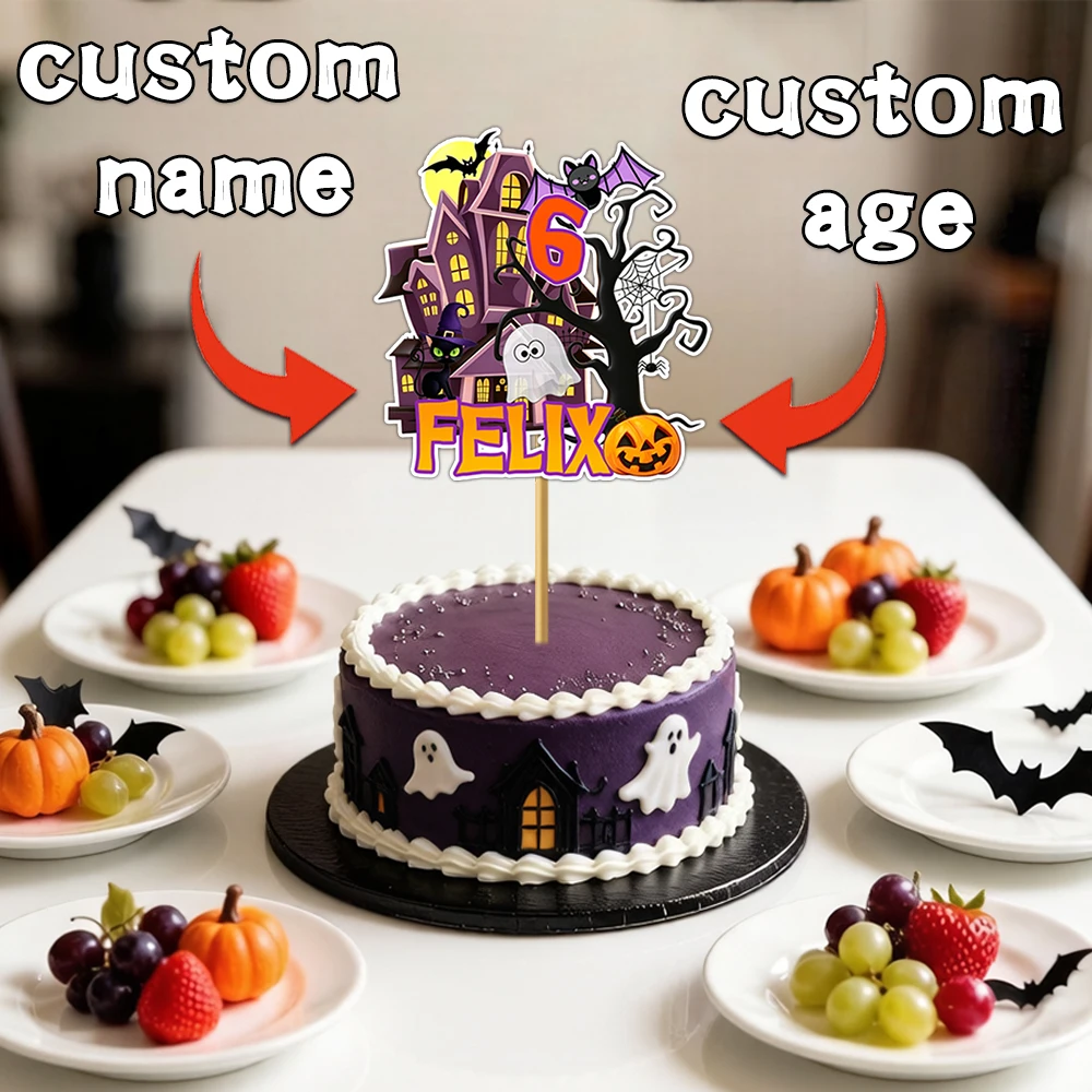1pc Celebrate Halloween Birthday Cake Topper - Spooky Castle Bat Pattern Design, Customized Age & Name, Halloween Decoration view 4