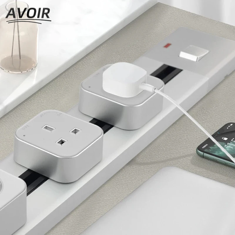 

Avoir Wall Track Socket Surface Mounted Electrical Extension Socket Square Module EU French UK US Moverable Slide Plug Adaptors