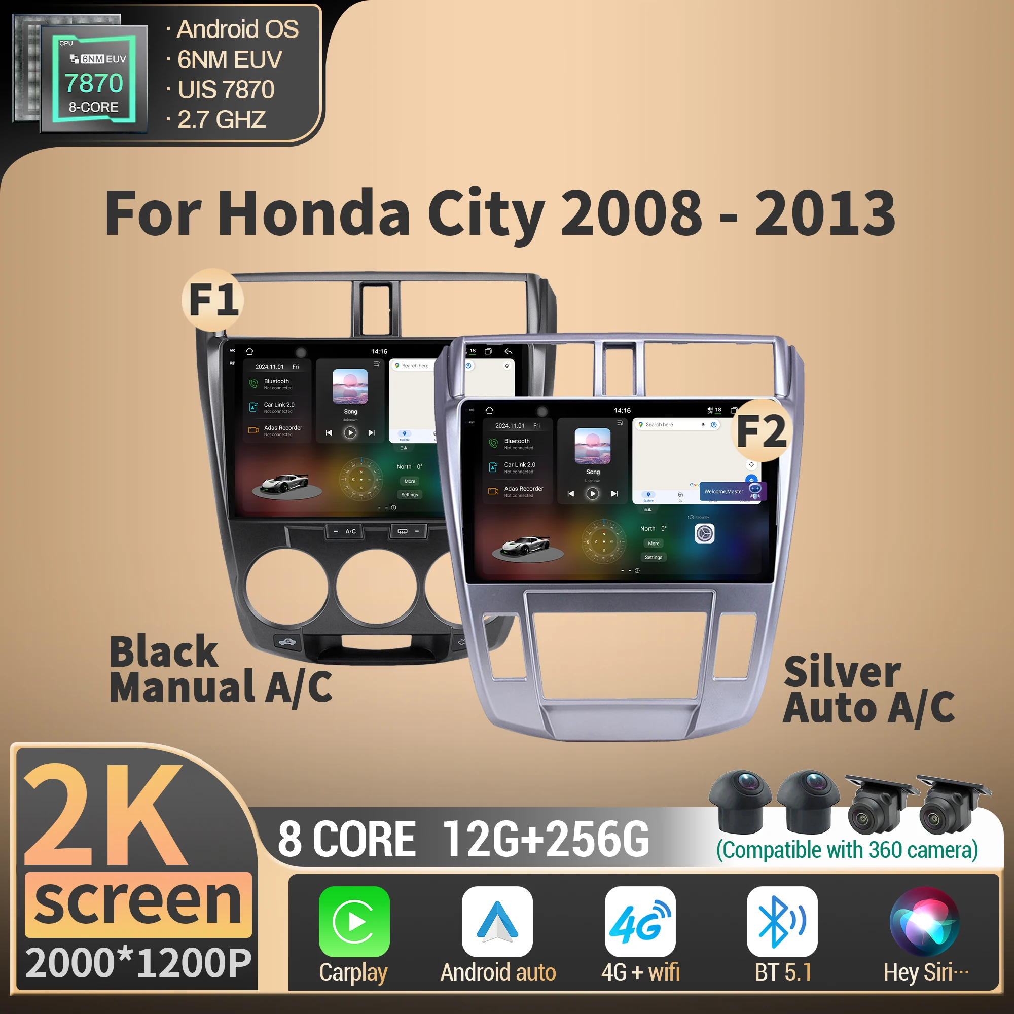 

For Honda City 2008-2013 Car Radio Multimedia Navigation GPS Wireless Android BT CarPlay WIFI 4G CPU 7870 2K QLED Screen