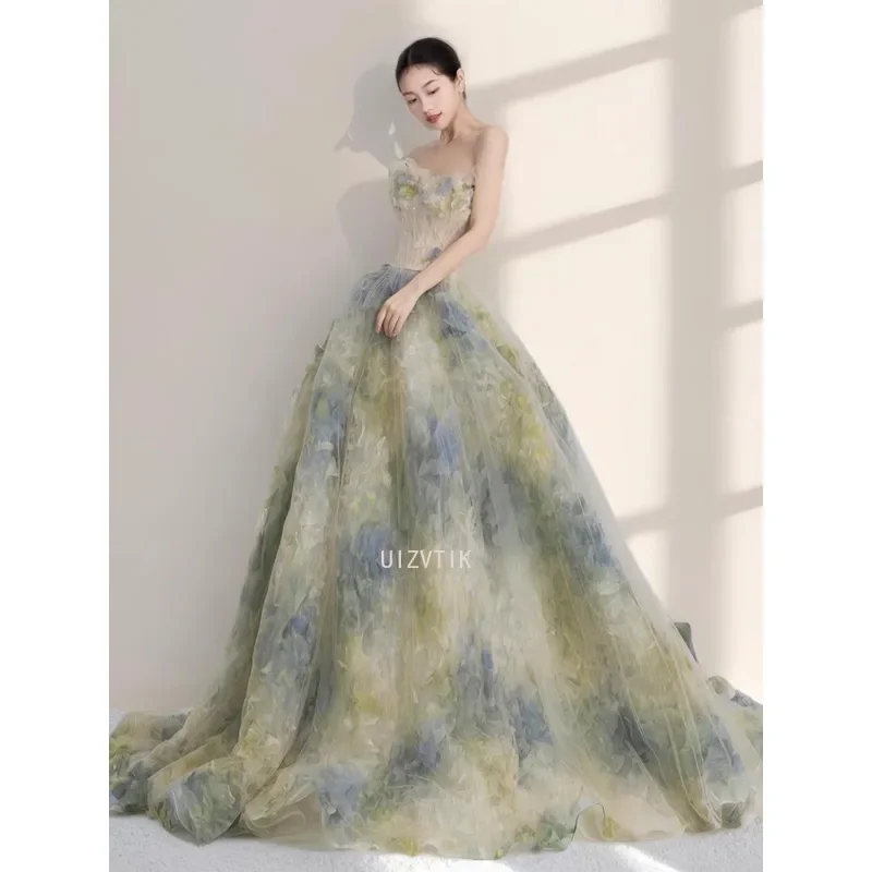 Vestido de novia sin tirantes con flores en 3D de estilo coreano, elegante corte en A, largo Floral azul, vestidos de noche para fiesta, nuevos vestidos de novia para mujer