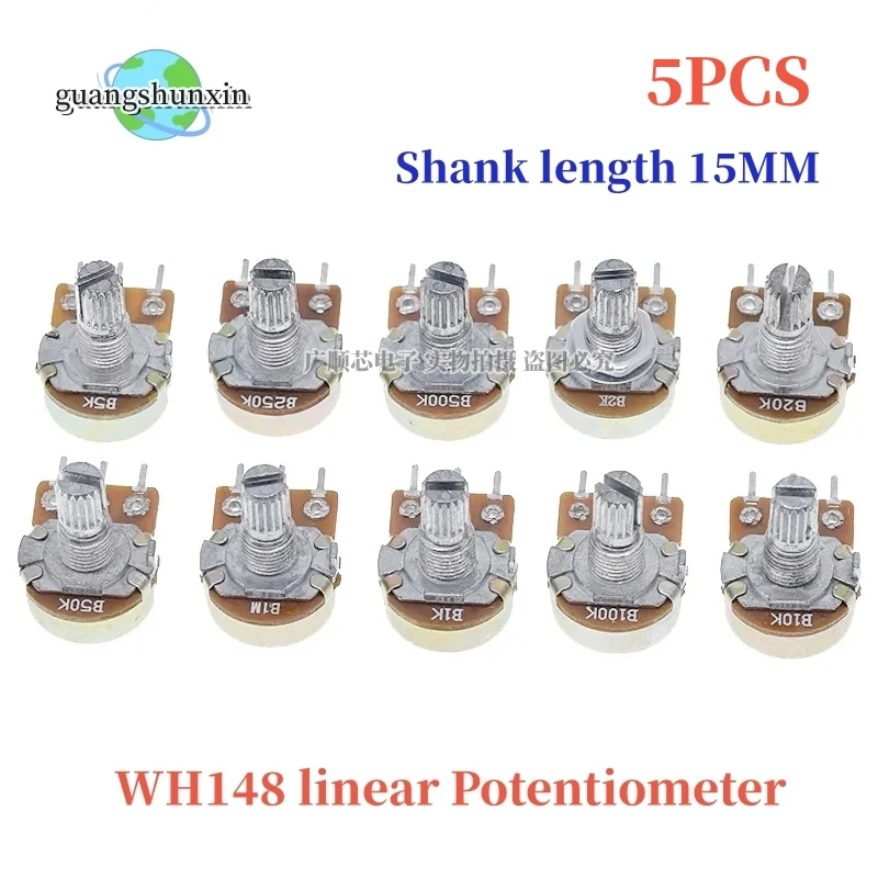 5PCS WH148 B1K B2K B5K B10K B20K B50K B100K B500K B250K B1M 3Pin Linear Potentiometer 15mm Shaft With Nuts And Washers