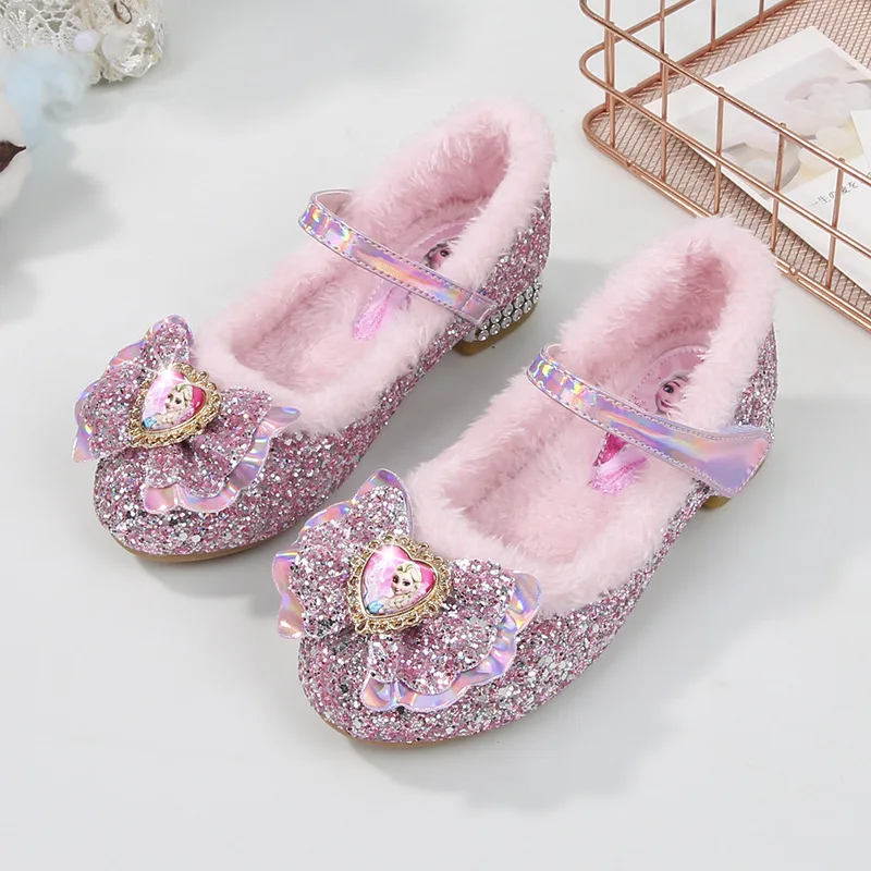 Disney Princess Kids Warm Winter Shoes for Girls Elsa Casual Glitter Children Flat Heel Girls Shoes Butterfly Knot Blue Pink