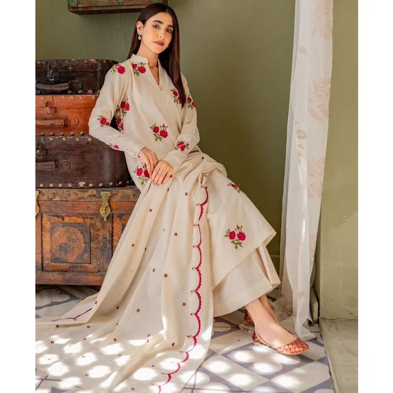 Volledig Gestikte Salwar Kameez Vrouwen Festival Kurti Pant Dupatta Witte Roos Print