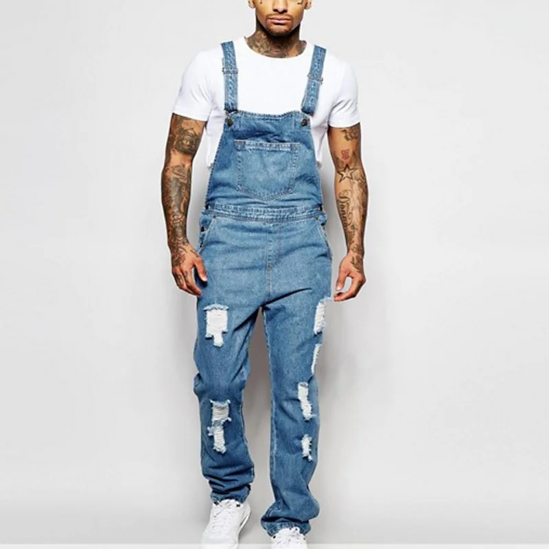 Men's Suspenders Denim Romper Ripped Jeans Trousers Fashion Jeans Jumpsuits Men's Casual Solid Color Pocket Stitching Jeans