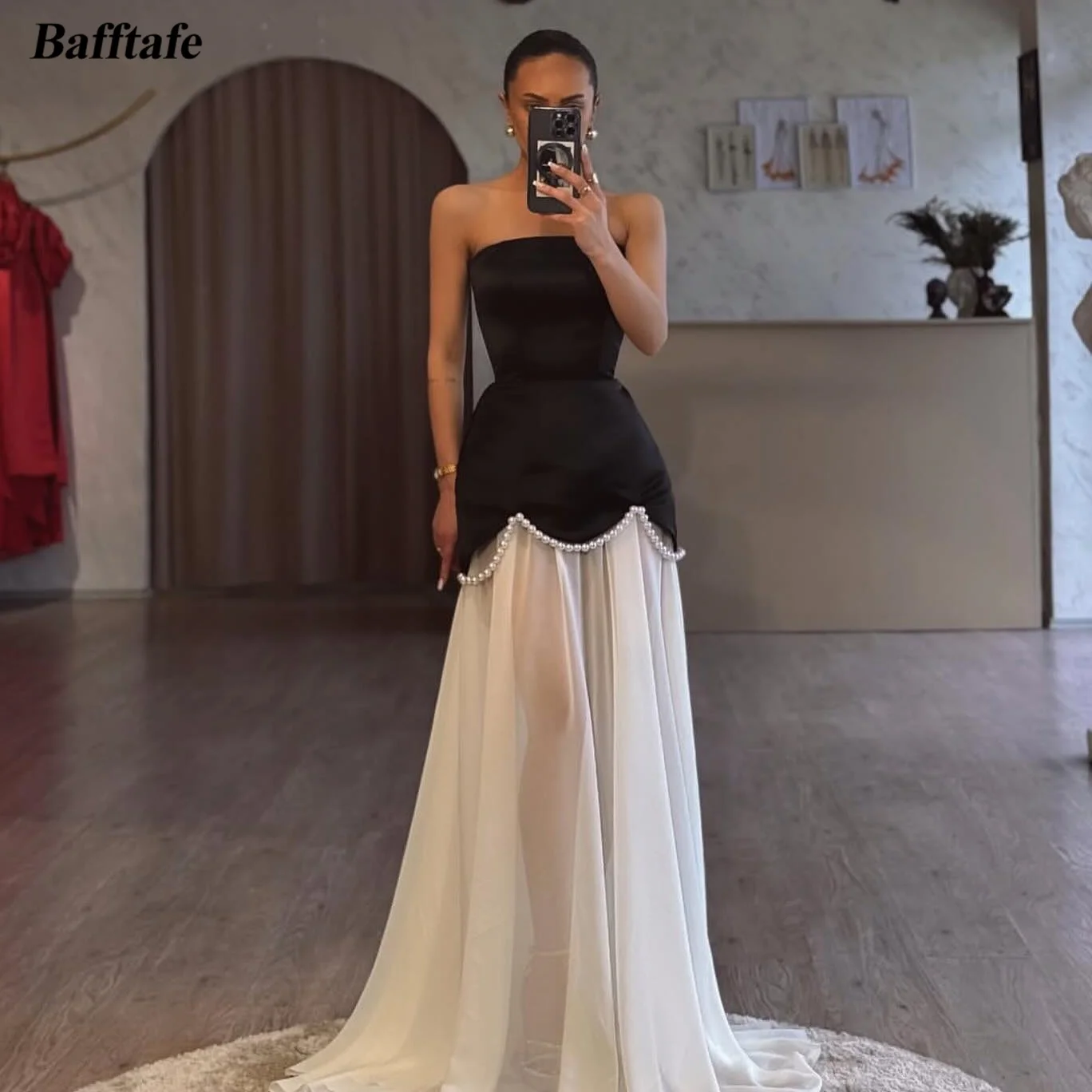 

Bafftafe A Line Satin Chiffon Prom Dresses Customized Women Formal Occasion Gown Pearls Strapless Arabia Evening Party Dress
