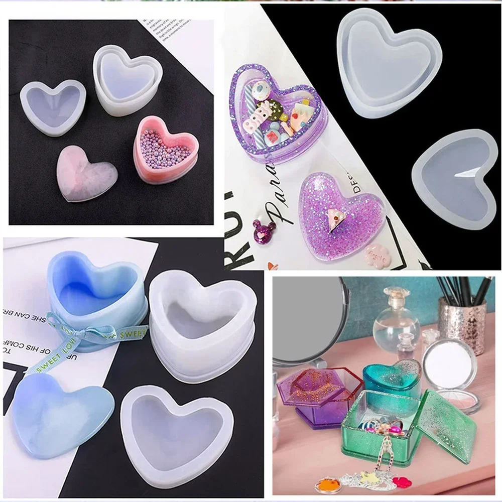 Heart Shape Jewelry Box Clay Resin Mold DIY Crafts Square Hexagon Storage Box Epoxy Casting Silicone Molds with Lid قوالب سيلكون