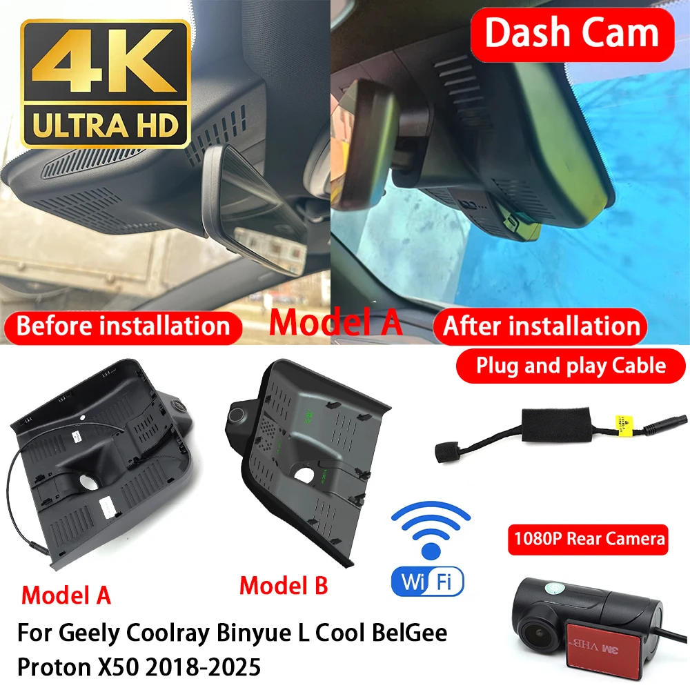 for Geely Coolray Binyue L Cool BelGee Proton X50 2018-2025 4K 2160P Dash Cam Front Rear Car Camera DVR Wifi Plug & Play