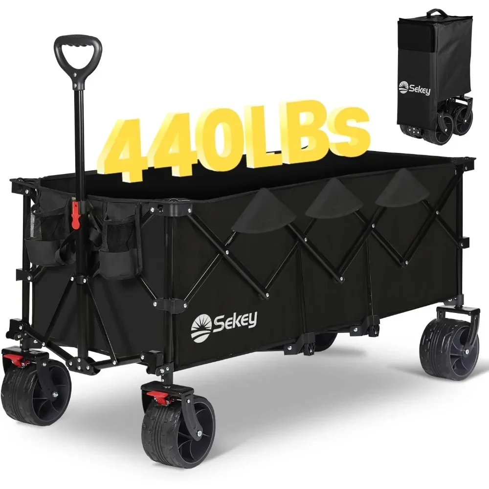 Garden Carts, 48''L Collapsible Foldable Extended Wagon with 440lbs Weight Capacity, Heavy Duty 300L Garden Carts