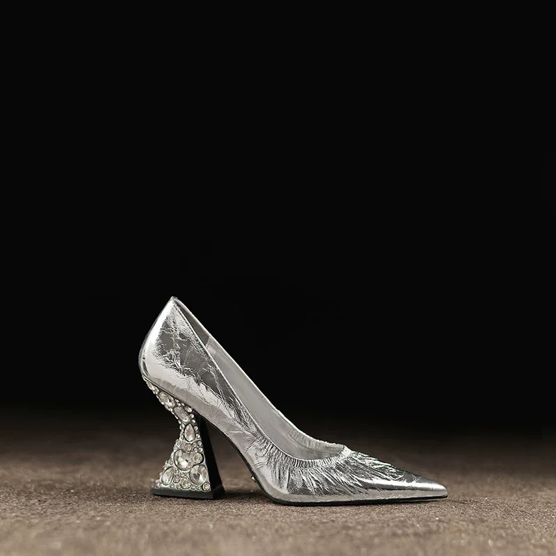 Autumn new pointed wrinkled shallow mouth genuine leather crystal follow-up shoes banquet dress high heels women's shoes