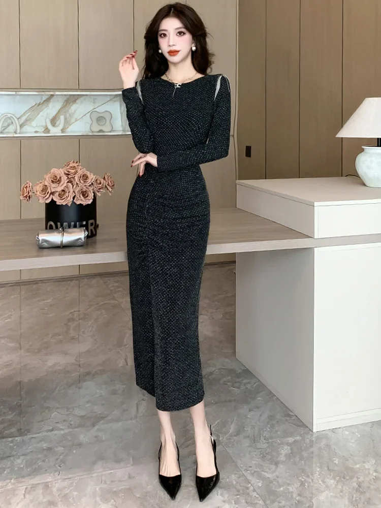 Ofallsis O neck Temperament Socialite Elegant Shiny Silk Dress 2024 Autumn New Irregular Pleated Long Tight Fitting Slit Dresses