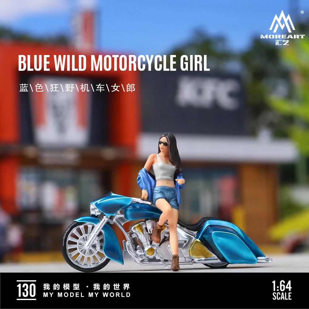 MoreArt  mini 1/64 Blue Wild Motorcycle pretty girl resin action figure set