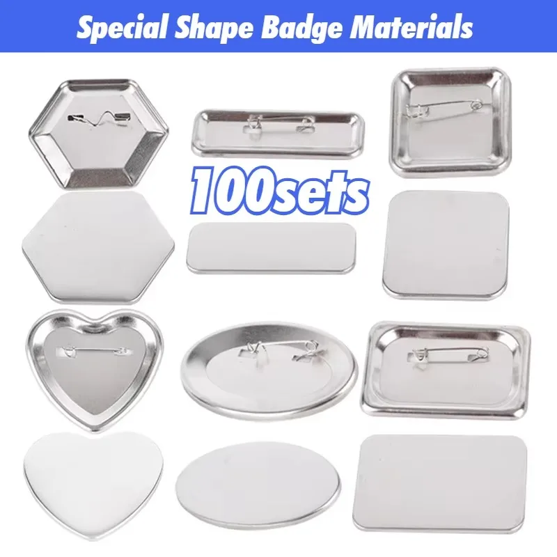 100PCS Tinplate Badge Materials Oval Square Rectangular Heart-shaped Hexagonal Badge Supplies Special-shaped Badge Consumables