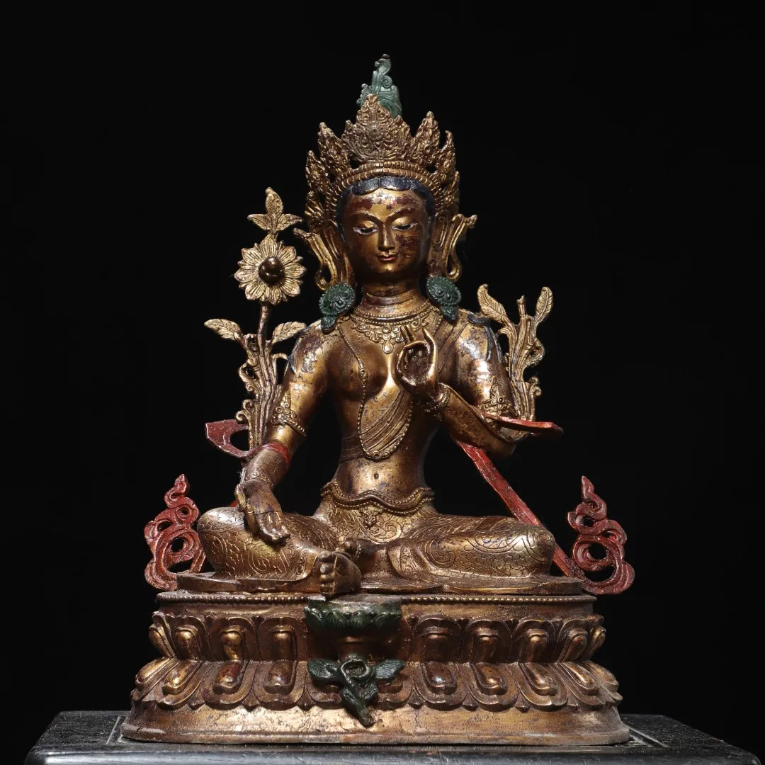 Nepalese Brass Lou Tuo Gold Painted Face Green Tara Guanyin Bodhisattva Buddha Ornament Household Dedication Hall 46cm