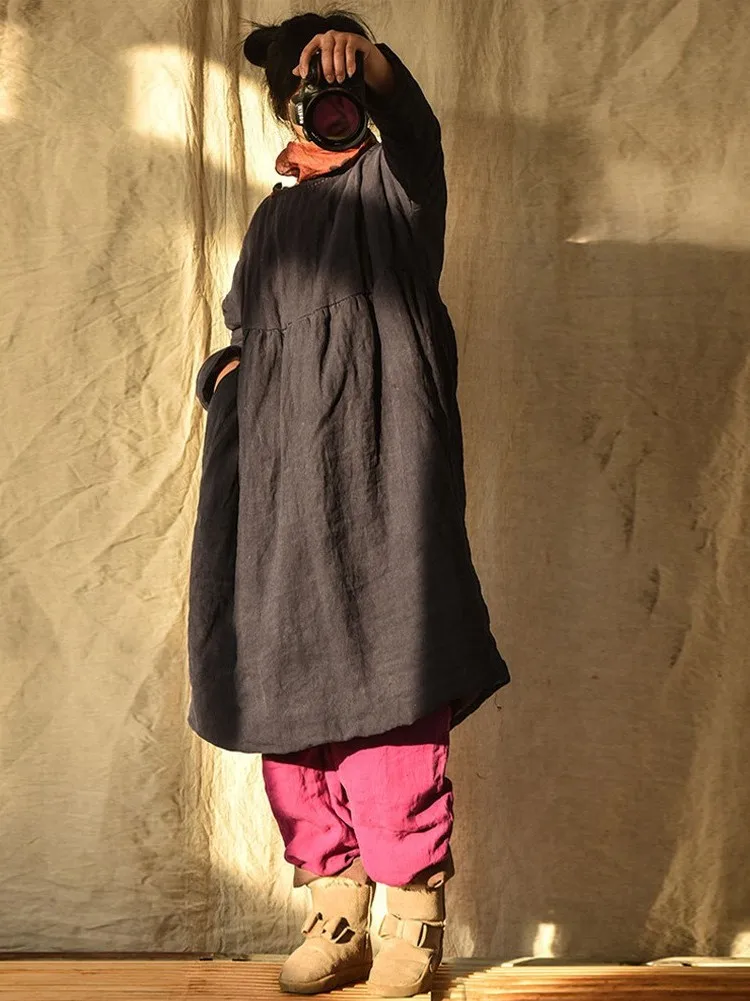 

New Chinese Ethnic Sle Loose Casual oulder Sve Cotton Robe Medium Length Cotton Jaet Warmth Filled Casual Wear