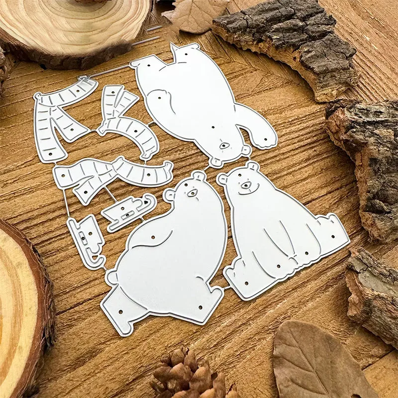 Cute Polar Bear Scarf Sled Combination Metal Cutting Dies Winter Theme DIY Scrapbooking Card Craft Dies