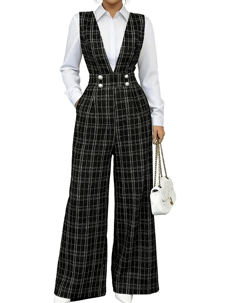 

Women's Elegant Grid Striped V Neck Sleeveless Jumpsuit Double Breasted High Waist Wide Leg Casual Fashion Office Workwear